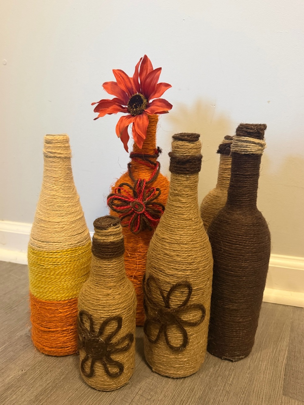 Handcrafted Jute-Wrapped Decorative Bottles – Set with fall Accent Halloween